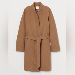 H&M - Beige Wool Blend Lined Long Sleeve Button Up Tie Waist Long Coat Size XS